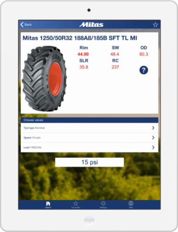 Takto vypadá prostředí mobilní aplikace Mitas Tyre Pressure calculator