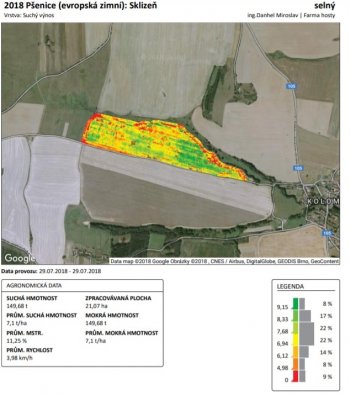 Výnosová mapa vytvořená sklízecí mlátičkou John Deere S680i Hillmaster