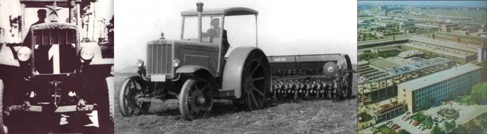 Pohled na první vyrobený traktor IAR 22 zkopírovaného podle Hanomag R40 a vpravo pohled na výrobní závod  