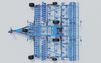 Lemken svůj kypřič Koralin nazývá hybridním proto, že kombinuje vertikálně pracující talíře (dvě řady) a horizontálně pracující radličky (tři řady). Zdroj foto - tisková zpráva Lemken