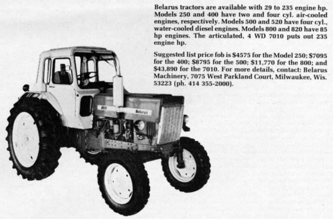 Popis traktoru Belarus prodávaného v Americe.