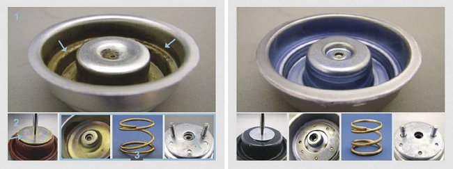 Srovnání neoriginálního regulačního ventilu turbodmychadla (vlevo) a originálu (vpravo).