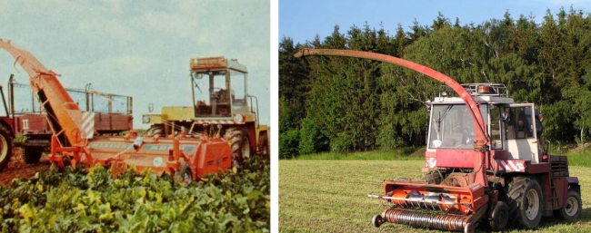 Na obrázku vlevo vyorávač cukrové řepy KLEINE KR6 s dopravníkem pro nakládku seříznutého chrástu. Vpravo řezačka Agrostroj SPS-35 TORON osazená kabinou z traktoru ŠT-180 a nesenou řezačkou KEMPER. (foto Zdeněk Álló)