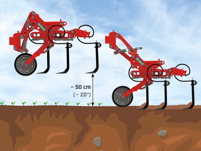 Jednotlivé jednotky plečky Einböck CHOPSTAR-PRIME lze hydraulicky zvedat až do výšky 50 cm nad zemí, což usnadní jízdu ve vyšším porostu.