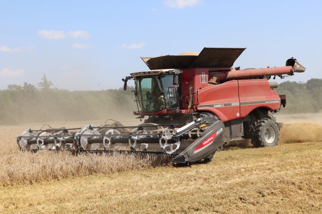 Nový model MacDon FD235 s pracovním záběrem 10,67 metru ve spojení s předváděcím kombajnem Case IH Axial-Flow® 8250 v retro provedení se stihl zapojit do žní.