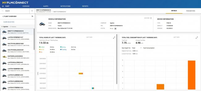 Pracovní nástroj MyPLMconnect uživateli poskytuje kompletní přehled o flotile provozovaných strojů.