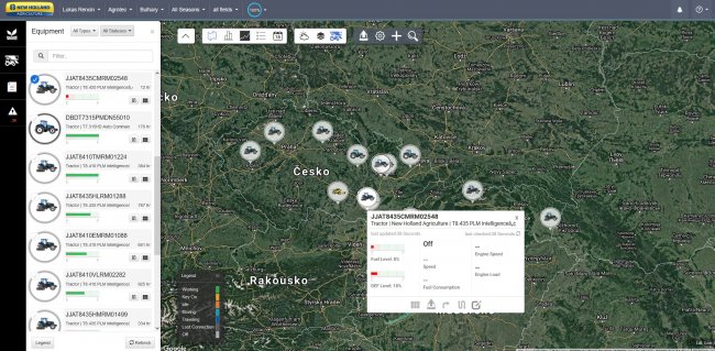 Uživatel má kompletní přehled o tom, kde se stroje New Holland nachází.
