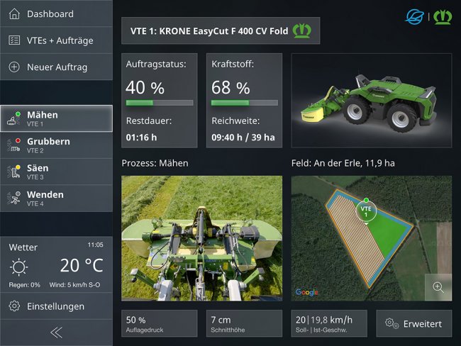 Pracovní zakázky a dokumentace jsou přenášeny přes komunikační modul a známé datové rozhraní Agrirouter.