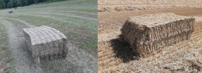 Příklady nevhodně plněného balíku v důsledku špatné technologie shrnování nebo nerespektování tvaru řádku během lisování.