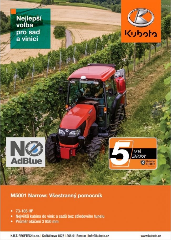 Chcete nový traktor bez čekání? Kubota má skladem model Kubota M5001 Narrow bez AdBlue.