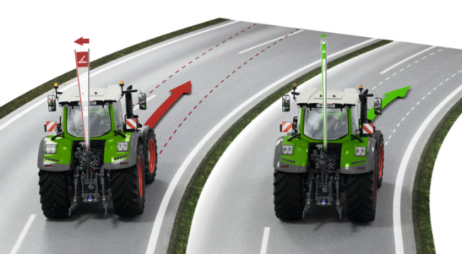 Při jízdě po silnici je důležitý systém podélné stabilizace Fendt Stability Control (FSC), který stabilizuje traktor kompenzováním podélného náklonu.