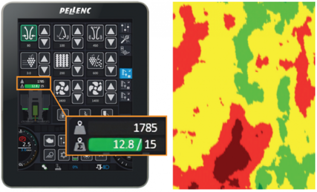 Ovládací panel sklízeče PELLENC OPTIMUM 2 s informacemi o stavu sklizně a následná výnosová mapa.