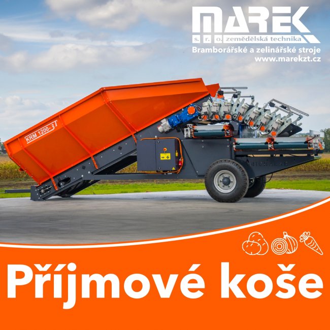 Příjmový koš typu Michalak KRM v provedení 3T je osazen třemi odvodovými dopravníky pro brambory a kořenovou zeleninu.