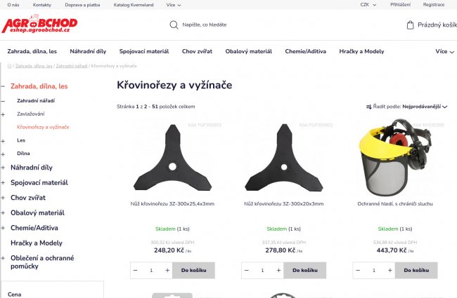 Sortiment z kamenné prodejny je dostupný též prostřednictvím e-shopu (eshop.agroobchod.cz)