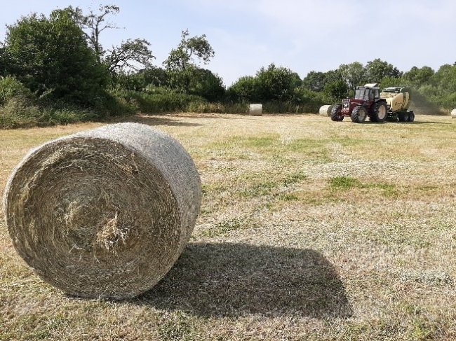 Nasazení sítě JUTA XXX Power při testu v časopise PROFI na lise Krone Comprima, Německo 2022. Pan redaktor Bertling sám vlastní několik různých značek lisů, na nichž testoval JUTA síťovinu a provádí služby u místních zemědělců.