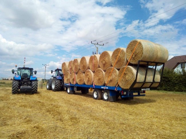 Přepravník balíků MOLČÍK PBS 12000, který převeze až 30 kusů balíků o průměru 1,2 metru v agregaci s traktorem a nakladačem značky New Holland.