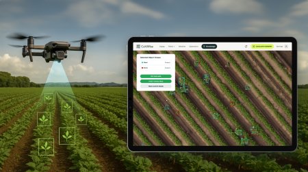 Dron monitoruje pole a data se zobrazují na tabletu s analýzou rostlin.