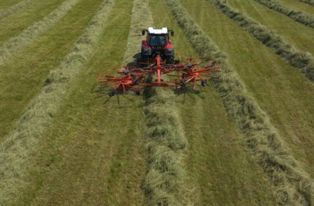 Shrnovač KUHN GA 7631 P tvoří rovnoměrný centrální řádek i na členitém terénu díky 3D zavěšení rotorů.