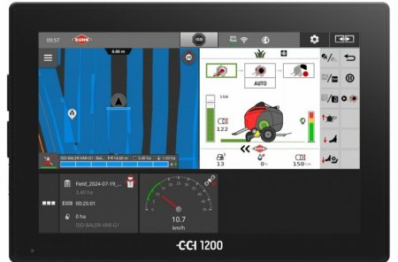 Ovládací terminál CCI 1200 zobrazuje průběh lisování, automatické řízení sběrače a geolokační data lisu KUHN VB 7100 v reálném čase.