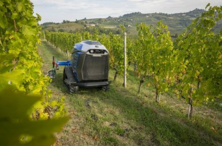 Robotická jednotka R4 zajišťuje mechanické ošetření vinohradnického porostu v úzkém sponu, přičemž využívá autonomní navádění a stabilitu pásového podvozku na svažitých částech pozemku.