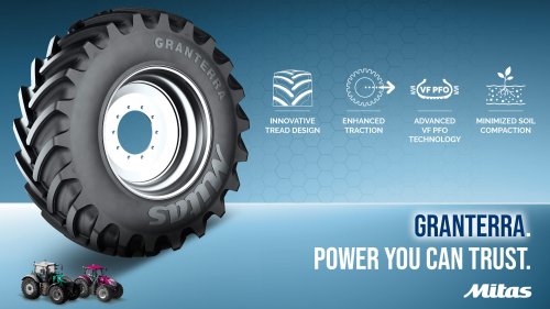 Pneumatiky Mitas GRANTERRA kombinují inovativní dezén, zvýšenou trakci a pokročilou technologii VF PFO pro vyšší výkon a minimální utužení půdy.