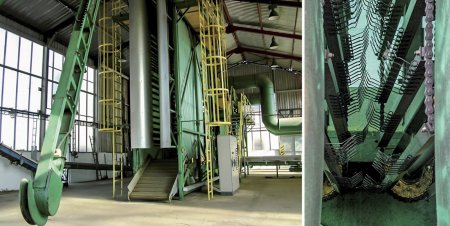 Obr. 5: Zavěšovací dráha, česací stěny a detail česací stěny.