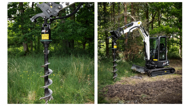 Vrták v nasazení na minirypadle Bobcat E27.