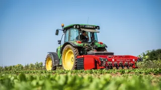 Zelený traktor s červenou plečkou Steketee na poli.