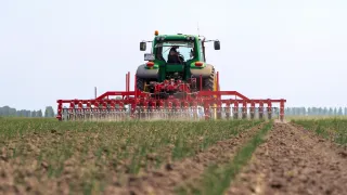 Traktor s červeným plecím strojem při práci na poli