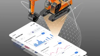 Grafika digitální platformy Develon se strojem a datovými přehledy.