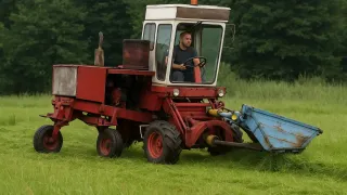 Starší červený samojízdný žací stroj s řidičem na louce