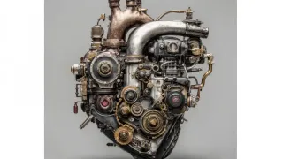 Detail motoru s potrubím a řemenicemi