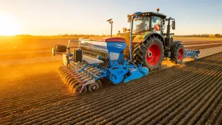 Traktor s modrým secím strojem LEMKEN na poli