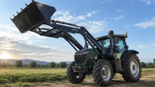 Tmavý traktor Donol s čelním nakladačem na poli