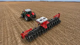 Červený traktor Massey Ferguson se secím strojem na poli