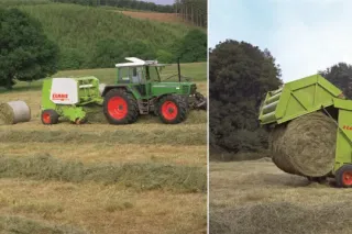 Dvojice historických fotografií lisu Claas na louce