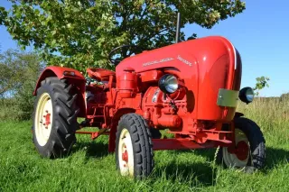 Červený historický traktor Porsche Diesel Standard na trávě