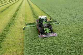 Traktor Fendt se žacím strojem vytváří řádky píce