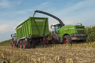 Řezačka plní zelený vůz Fendt senáží