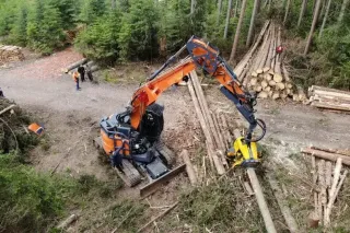 Lesní rýpadlo Doosan u vytěženého dřeva