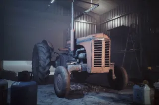 Zemědělský stroj v tmavé dílně ze simulátoru Farm Mechanic