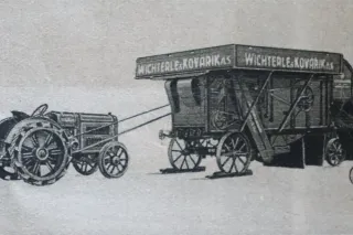 Historická kresba traktoru a mlátičky Wichterle a Kovářík