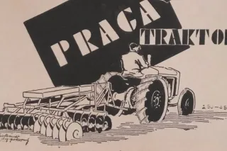 Detail dobové reklamy na traktor Praga