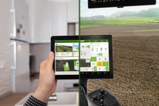 Tablet s rozhraním FendtONE pro správu farmy
