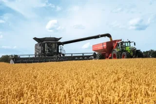 Sklízecí mlátička Fendt Ideal vykládá zrno do přívěsu na pšeničném poli