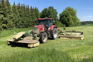 Červený traktor Case IH se žací kombinací Krone při sečení louky