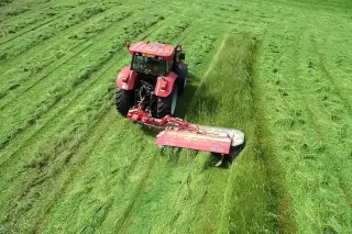Červený traktor se žacím strojem pracuje na louce.