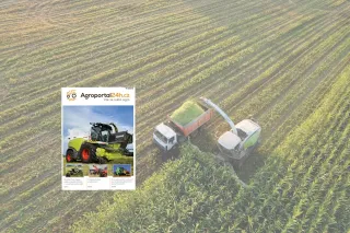 Obálka časopisu Agroportal24h.cz 4/2021 nad leteckým snímkem sklizně kukuřice.