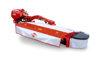 Červenobílý vzadu nesený žací stroj Kuhn FC 3515 D na šedém pozadí.