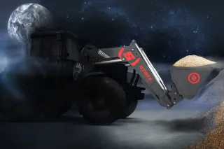 Grafické zobrazení čelního nakladače Stoll Profiline při nakládání sypkého materiálu.